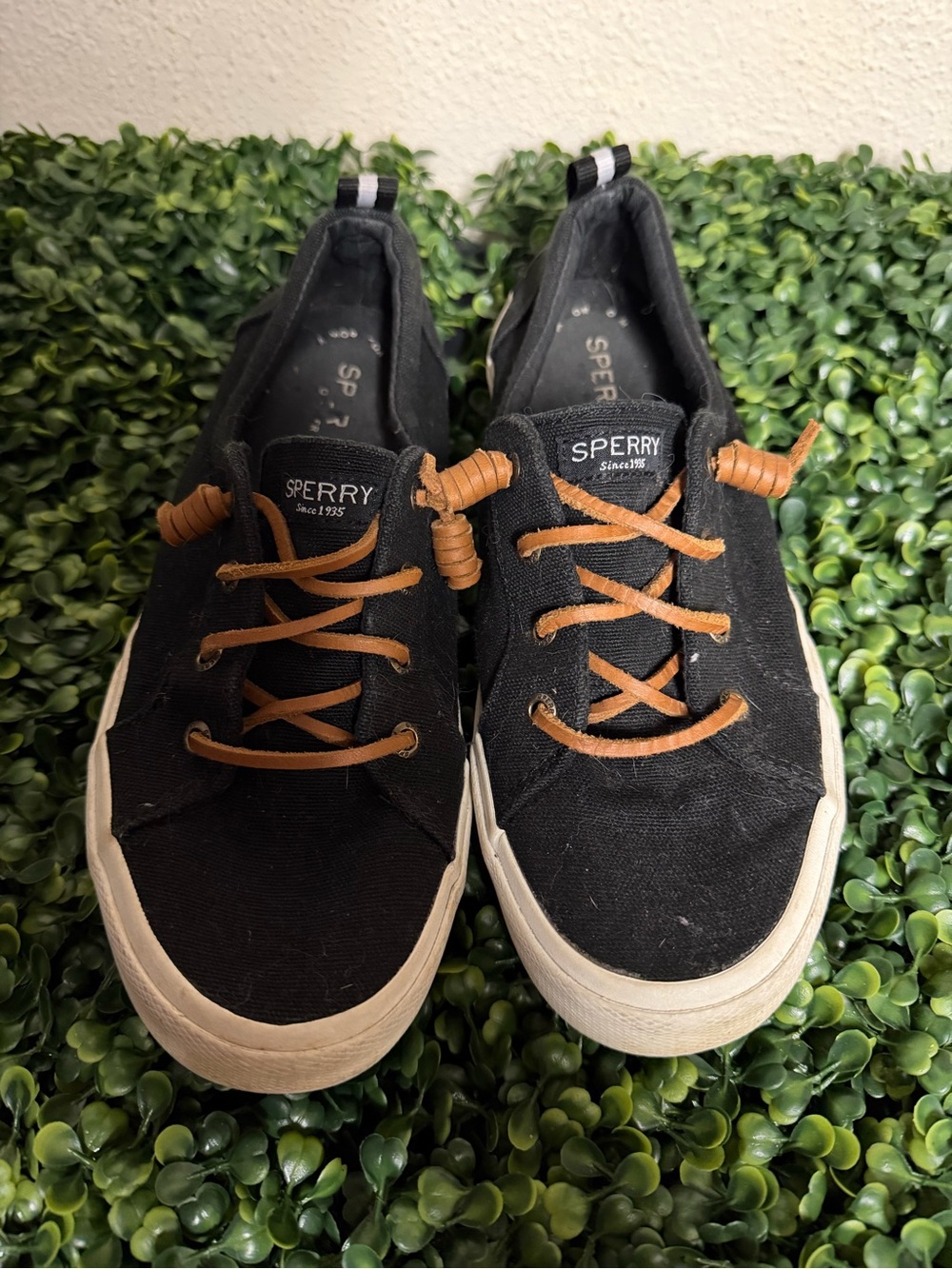 Sperry women’s Black Canvas Lace-Up Sneakers with Tan Laces